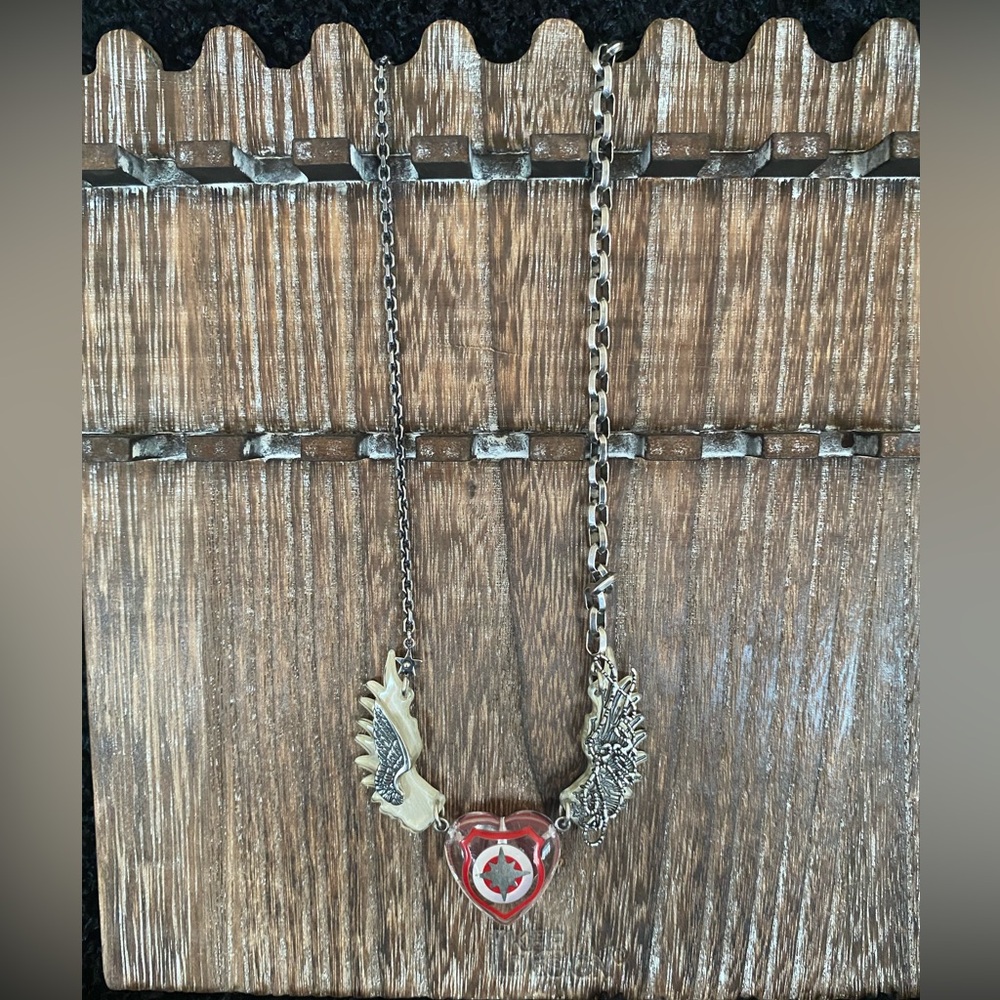 Authentic DIESEL Denim Silver Signature Wing Heavy Acrylic Heart Necklace